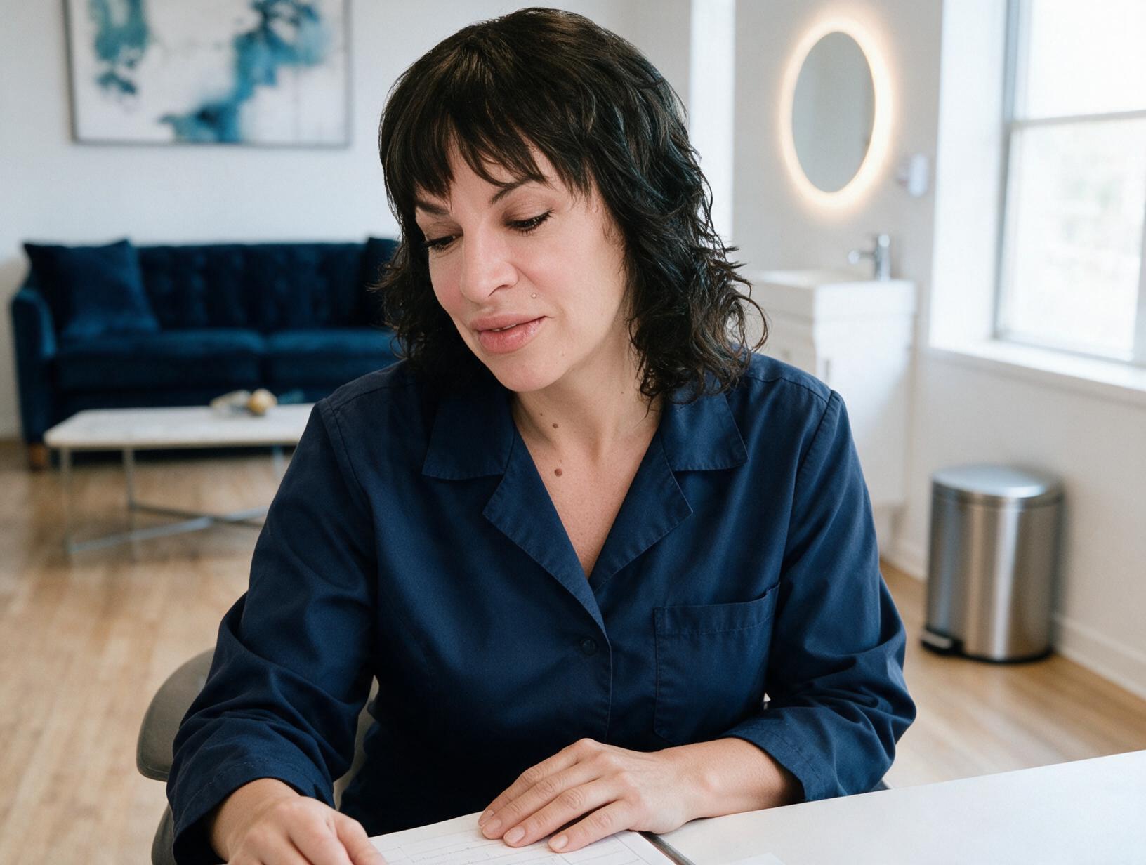 Woman with dark wavy hair and a navy shirt looks down at papers on a white desk in a bright room with a blue sofa and window.