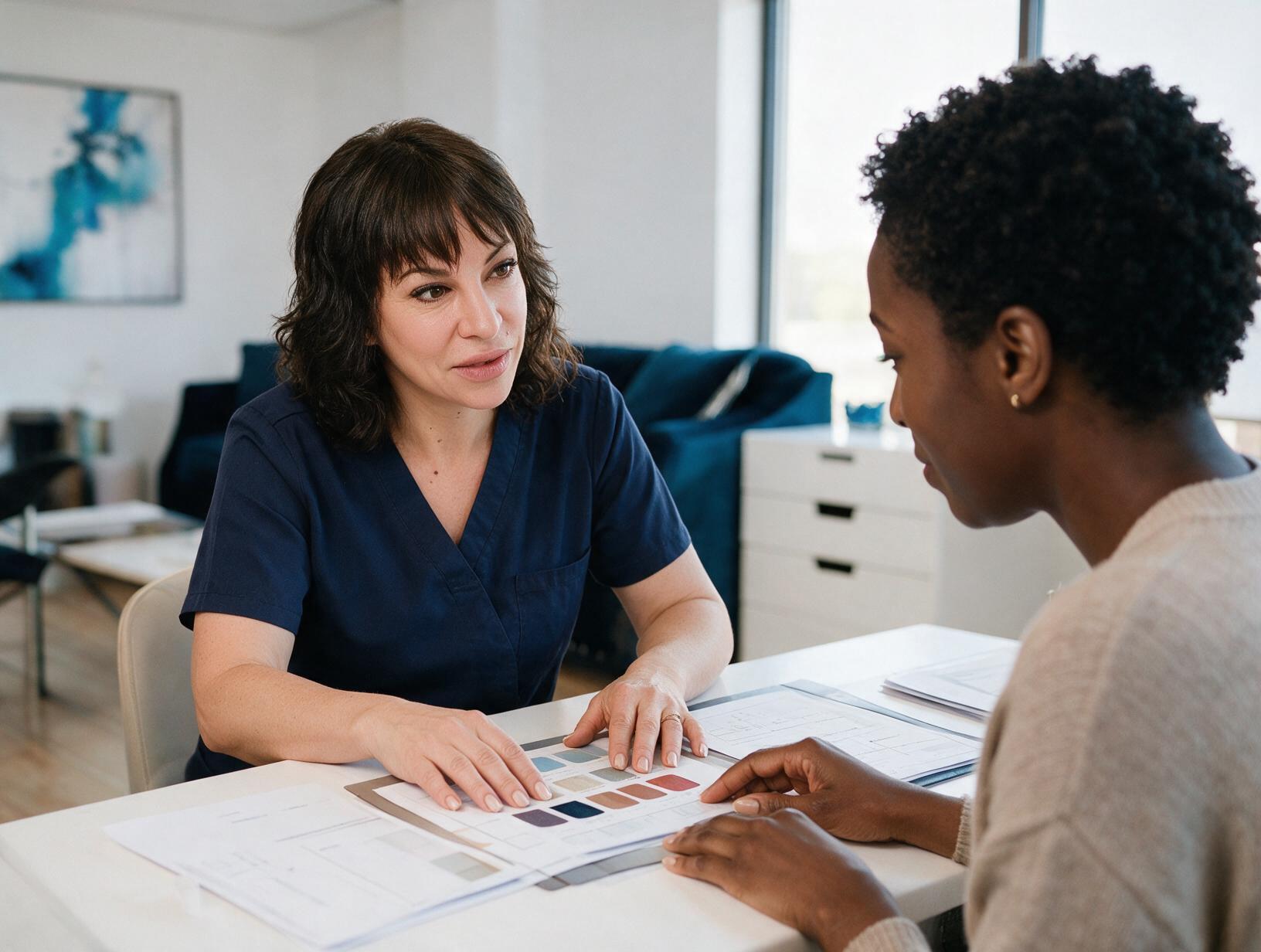 A woman in navy scrubs talks with a client with short natural hair, resting her hands on color swatches at a white table.