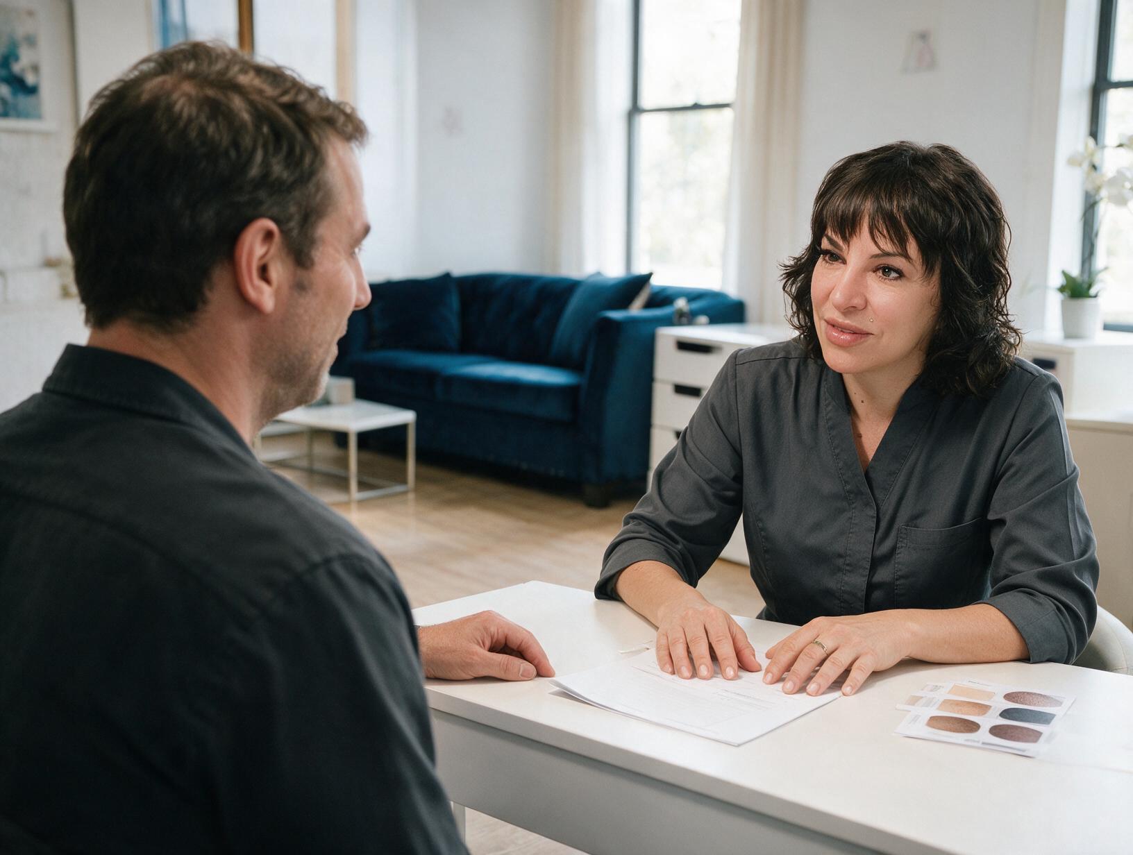 A dark-haired woman in a grey tunic talks with a man seen from behind across a white table with papers and colour swatches.