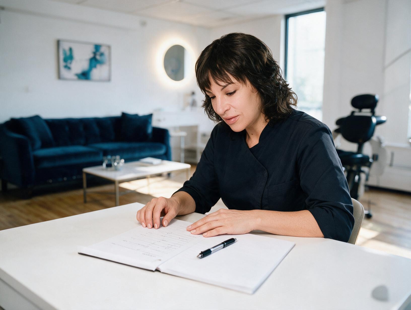 Woman with dark shaggy hair in a navy top looks down at papers on a white desk in a bright room with a blue sofa and black