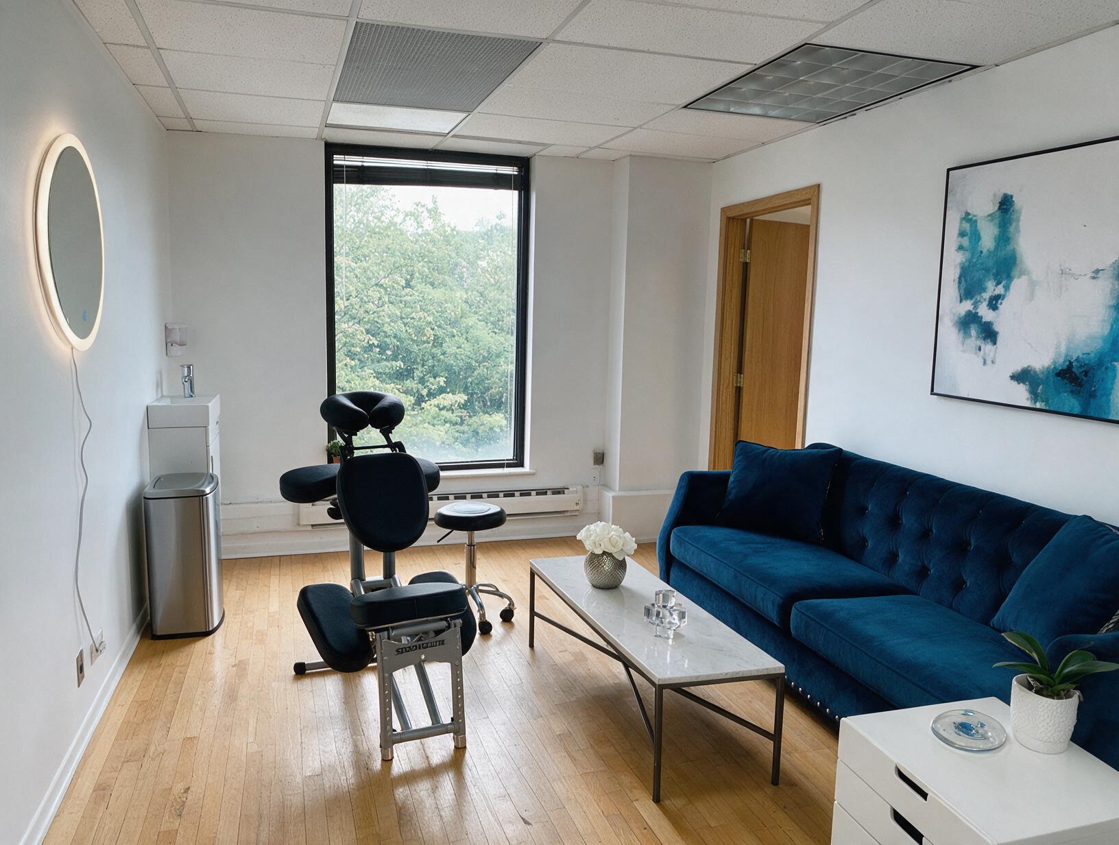 Bright treatment room with a black portable chair, round stool, blue velvet sofa, marble coffee table
