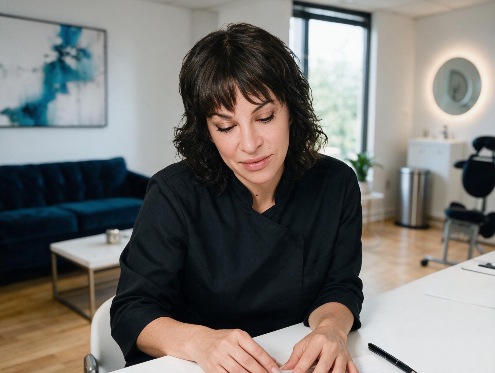 A dark-haired woman in a black tunic looks down at papers at a white desk in a bright room with a blue sofa and a round lit m