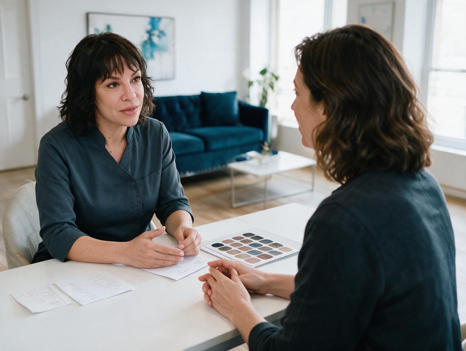 Two women talk across a white table with notes and a colour swatch chart