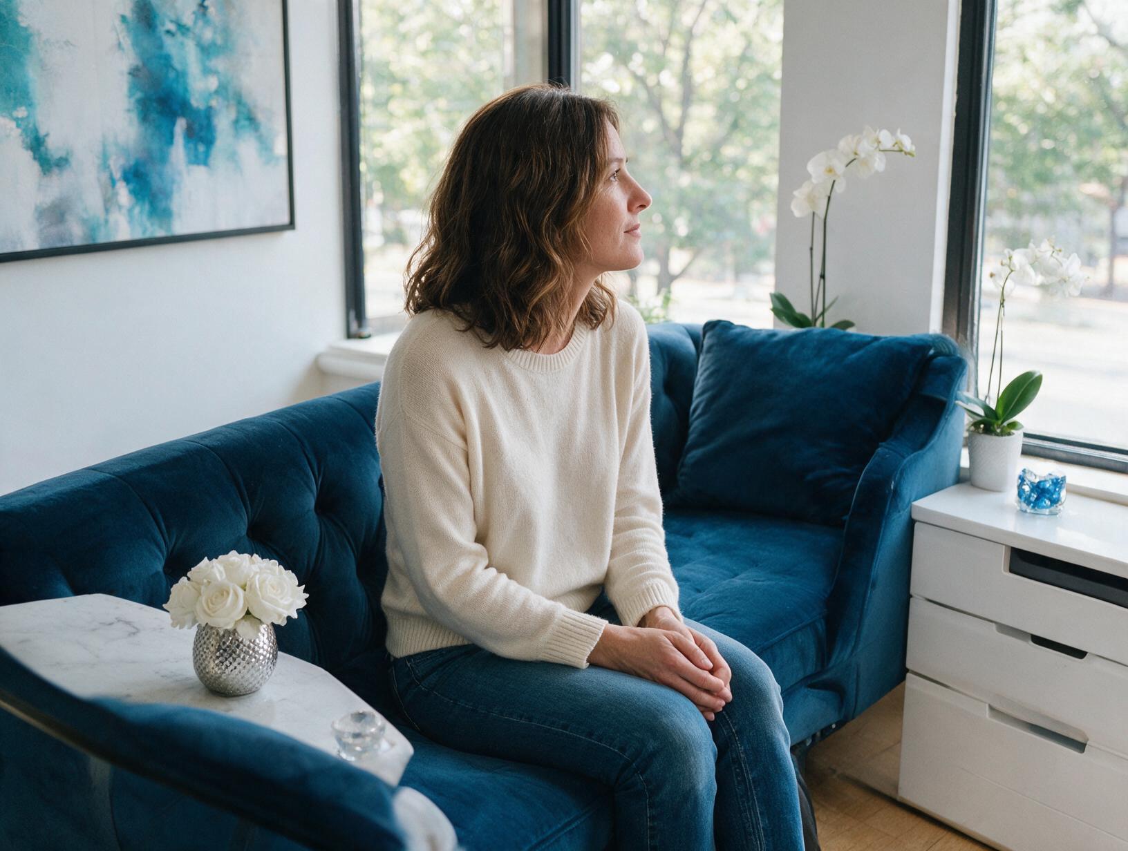 Woman in a cream sweater and jeans sits on a blue velvet sofa, looking out a window beside a white orchid and white drawers.