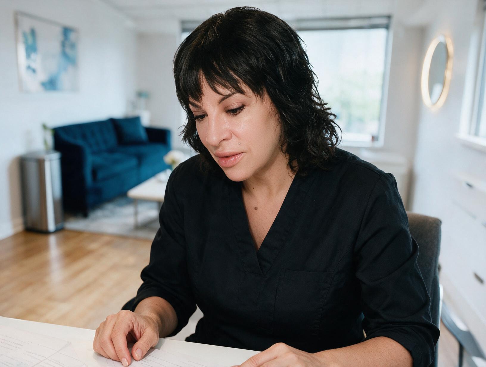 Dark-haired woman in a black scrub top looks down at papers at a white desk in a bright room with a blue sofa and window.