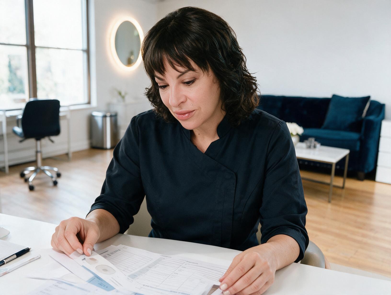 Dark-haired woman in a navy tunic sits at a white desk reading papers, with a navy sofa, round lit mirror and window behind.