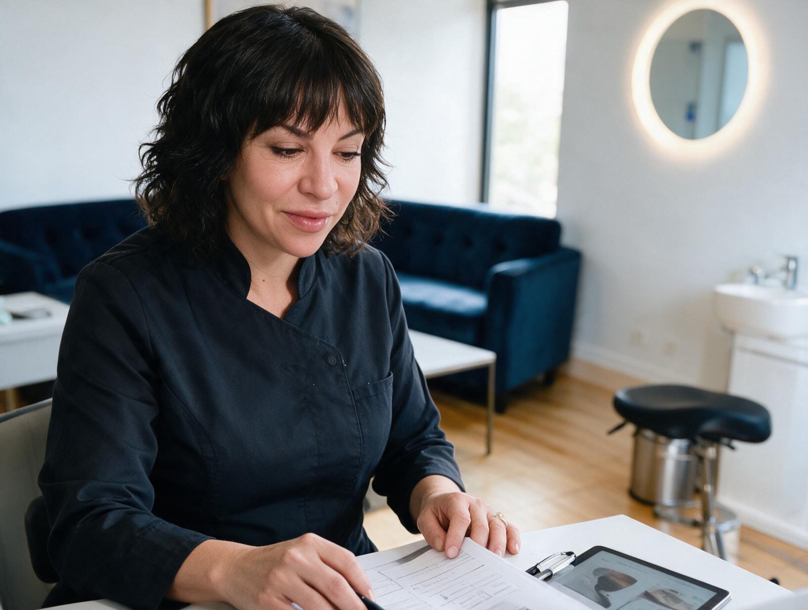Dark-haired woman in a navy tunic looks down at papers at a white desk, with a tablet nearby